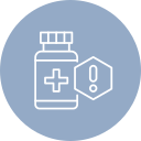 Icon of a medication bottle with a cross and a hexagon featuring an exclamation mark on a blue circular background, indicating caution or alert related to medicines.