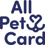 Logo with the words "All Pet Card" in bold blue font. The letter "t" in "Pet" is stylized to form a heart and a paw, combining pet and love imagery. The background is light gray.