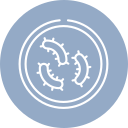 Icon of a blue circle with three white bacteria-like shapes inside, resembling a petri dish illustration.