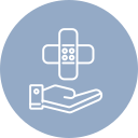 A blue circle icon with a white outline of a hand and a medical bandage forming a cross, suggesting health care or medical assistance.