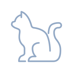 A minimalist line drawing of a cat sitting upright in profile, facing left. The illustration is in a light gray color and set against a circular white background. The cat's outline is simple and clean, with its tail curved upward.