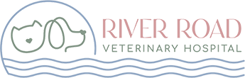 The image displays the logo of river road veterinary hospital, which features stylized representations of rolling hills, a river, and medical symbols, framed by the name of the hospital in custom typography, all suggesting a serene and professional veterinary care setting.