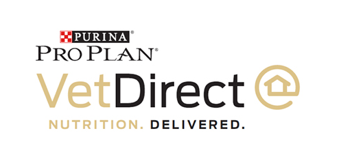 Logo of purina pro plan vetdirect featuring the words "purina pro plan" with a red and blue emblem on the left, followed by "vetdirect" with a house icon, and the tagline "nutrition. delivered." below in gray.